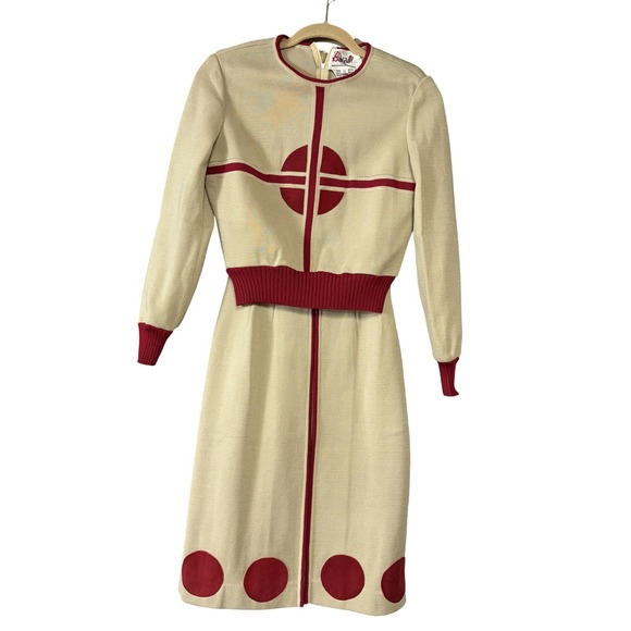 Bakalli Dresses & Skirts - Vintage Bakalli 2pc Dress & Sweater Set Womens 10 Mod Geometric Red Beige